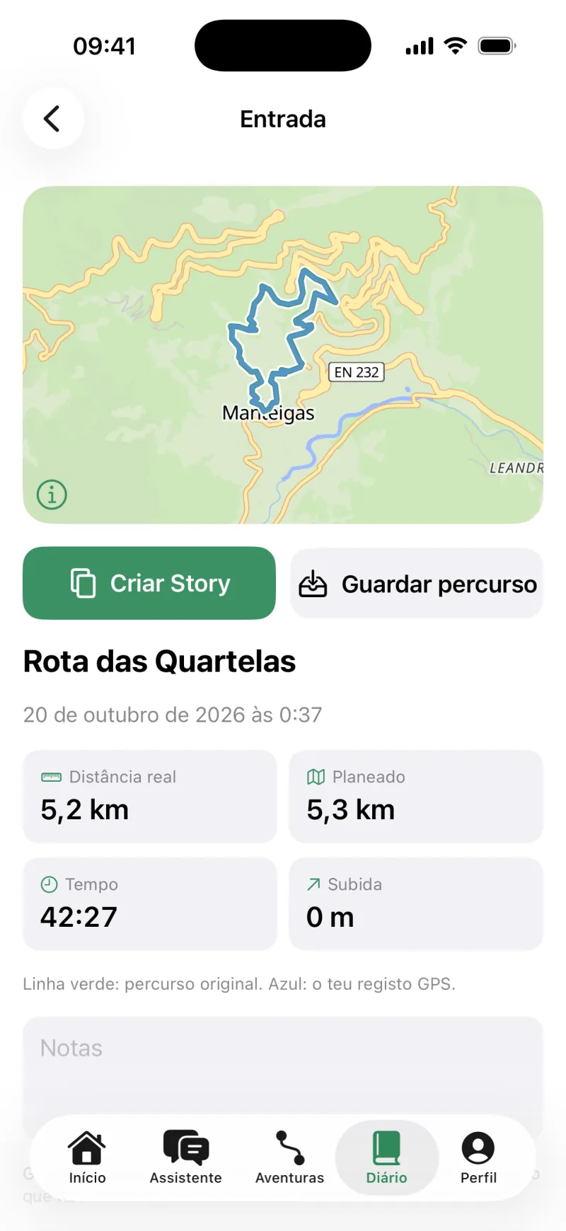 Diário com o planeado e o caminhado