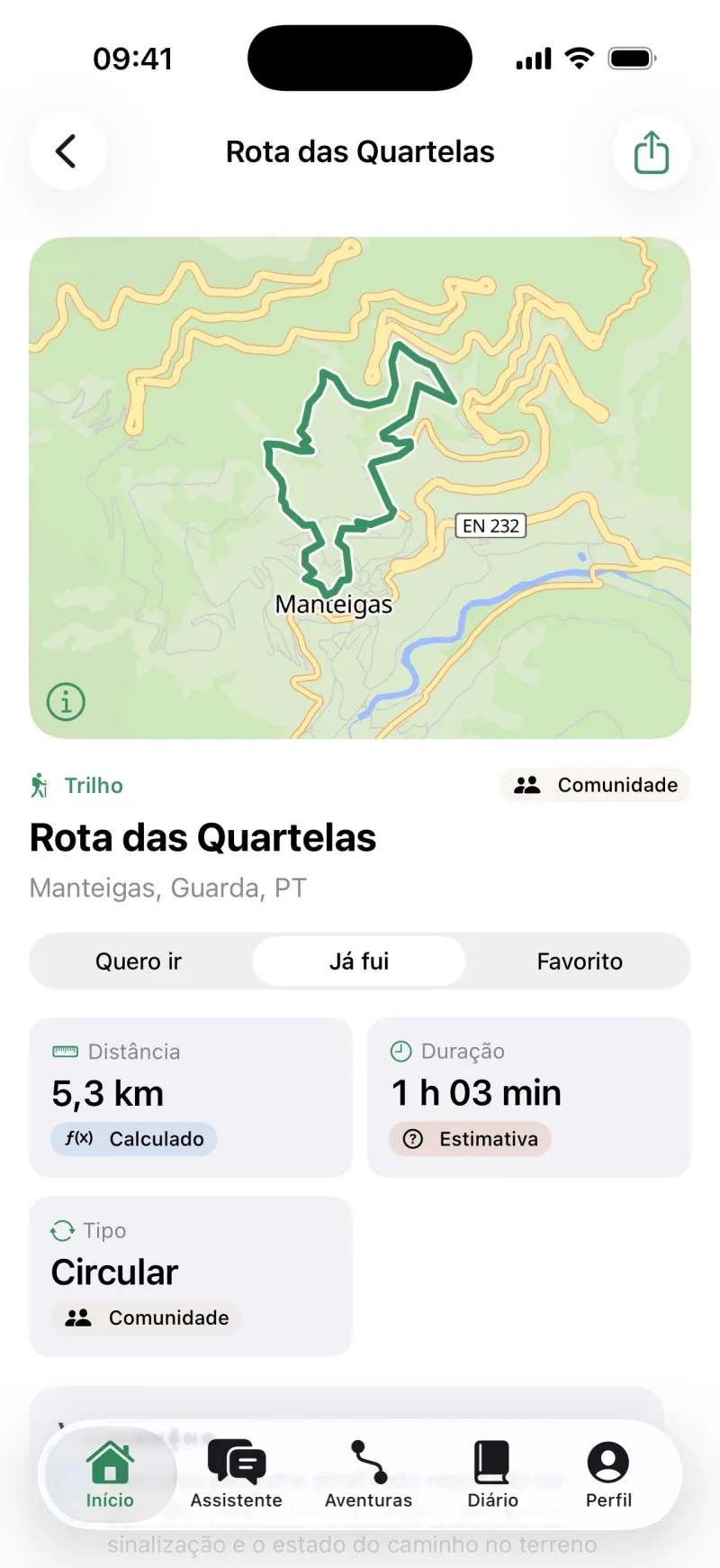 Ficha de um trilho com mapa, distância e duração